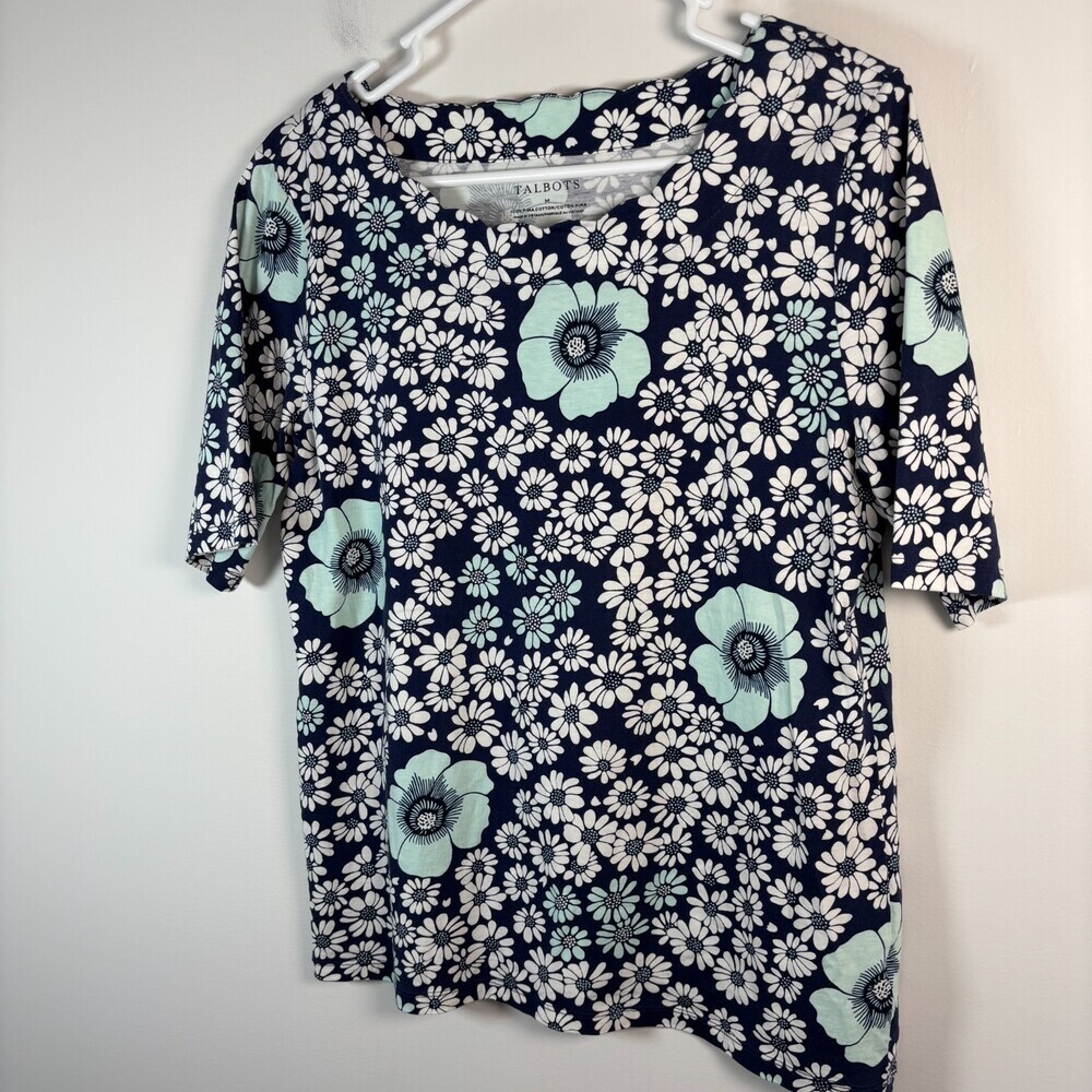 TALBOTS 100% Cotton Elbow Tee Womens M Navy White Floral Scalloped Neck Stretch